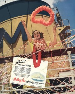 A female passenger tosses a lei overboard a Matson Lines ship in an advertisement available from the Matson Vintage Art collection.