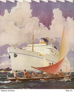 Lurline cruise ship greeted by outriggers is part of the Matson Vintage Art collection.