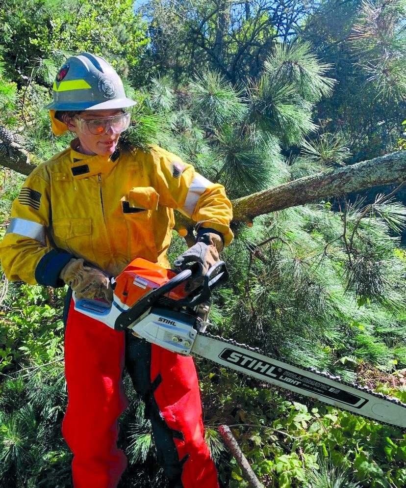 Erica Bradley wears a blue hard hat, protective glasses, and protective clothing as she uses a chainsaw to clear vegetation.