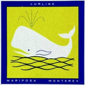 Illustration of a white whale above the water and spouting, on a yellow background, with the names of three Matson passenger ship names, Lurline, Mariposa, and Monterey, in the blue border.